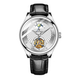 Silver automatic watch with white dial, exposed tourbillon movement window, brown leather strap