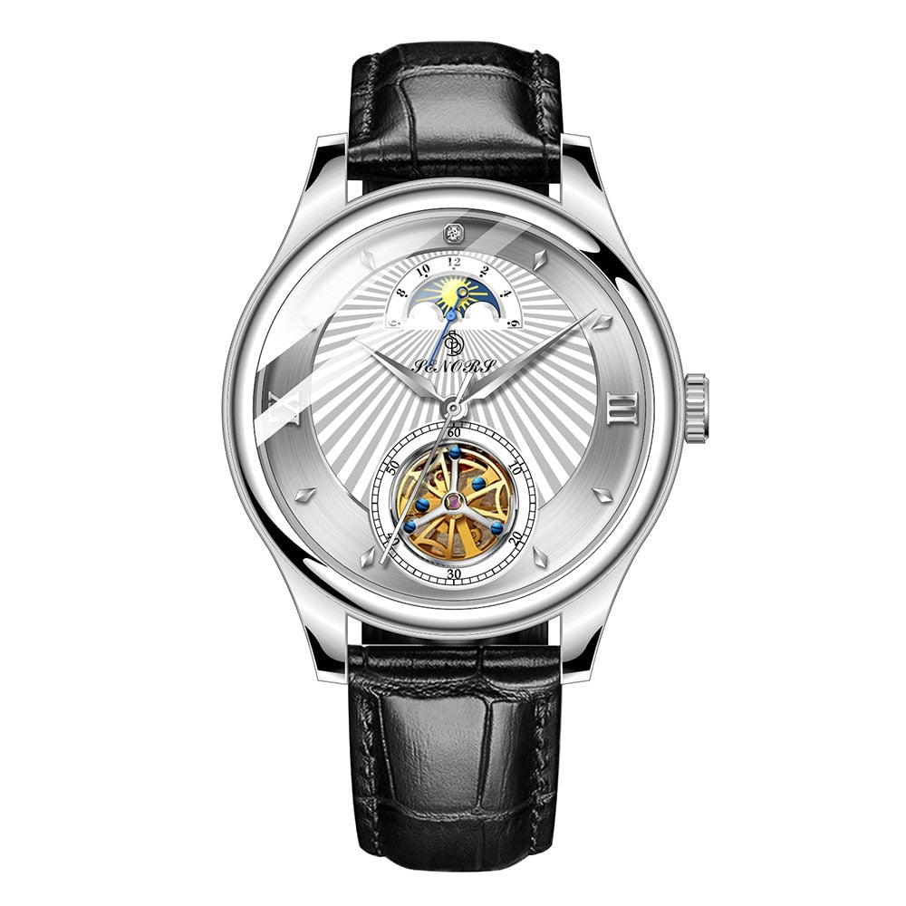 Silver automatic watch with white dial, exposed tourbillon movement window, brown leather strap