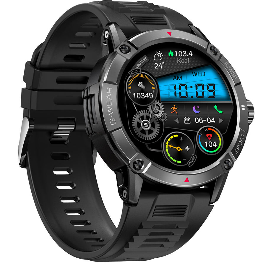 G-WEAR branded smartwatch with orange silicone band and gunmetal case, digital display showing steps and heart rate