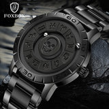 All black quartz watch with a raised skull center surrounded by zodiac symbols