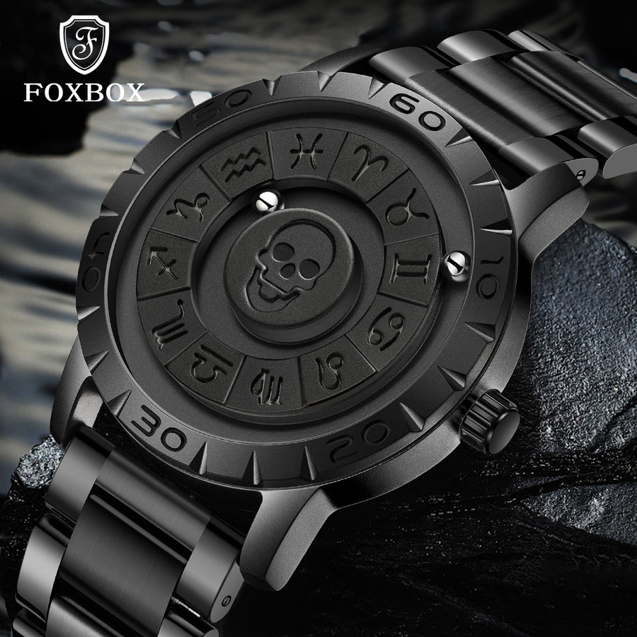 All black quartz watch with a raised skull center surrounded by zodiac symbols