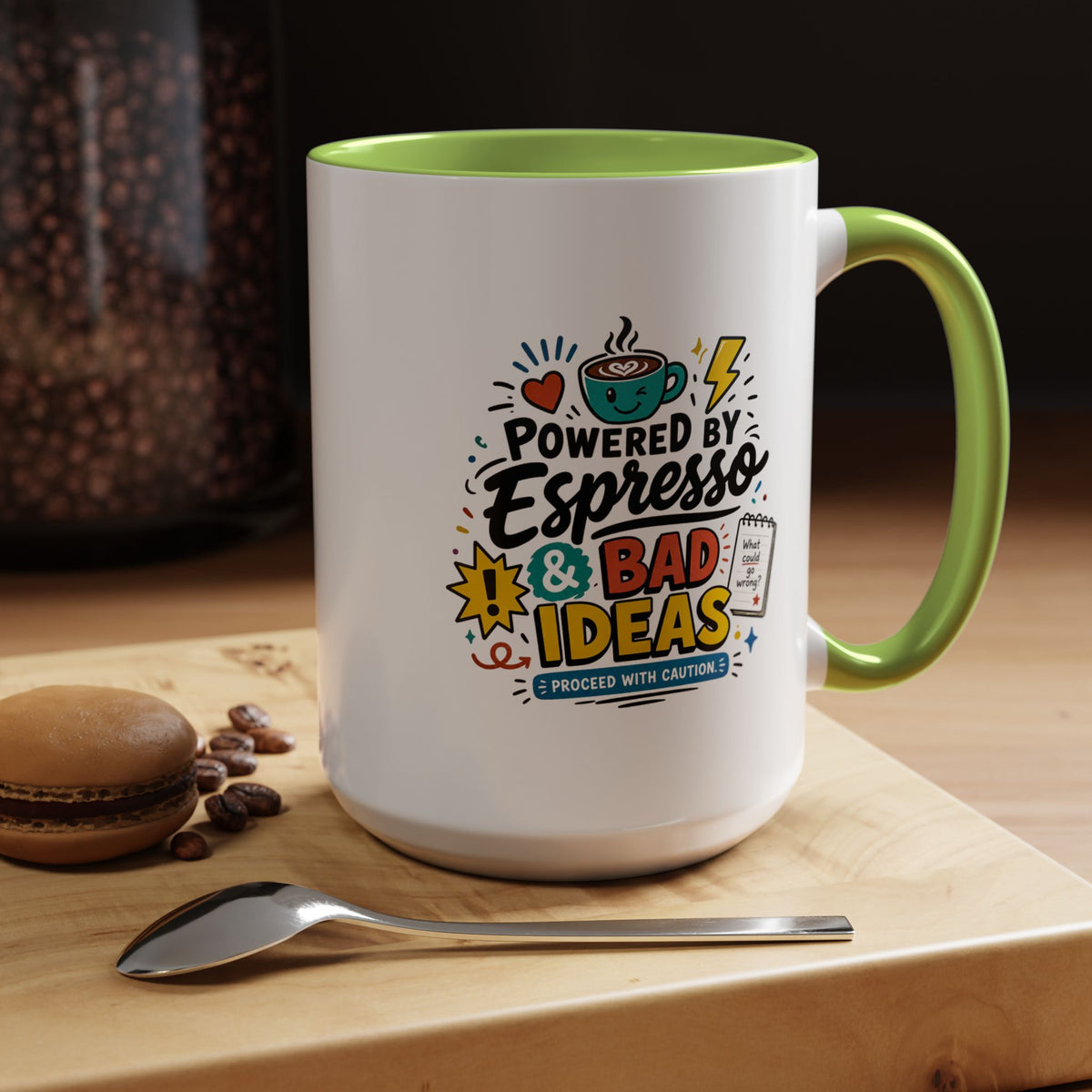 Powered by Espresso Mug, Funny Coffee Lover Cup, Bad Ideas Quote Gift for Coworker, Caffeine Addict Present, Office Humor Drinkware