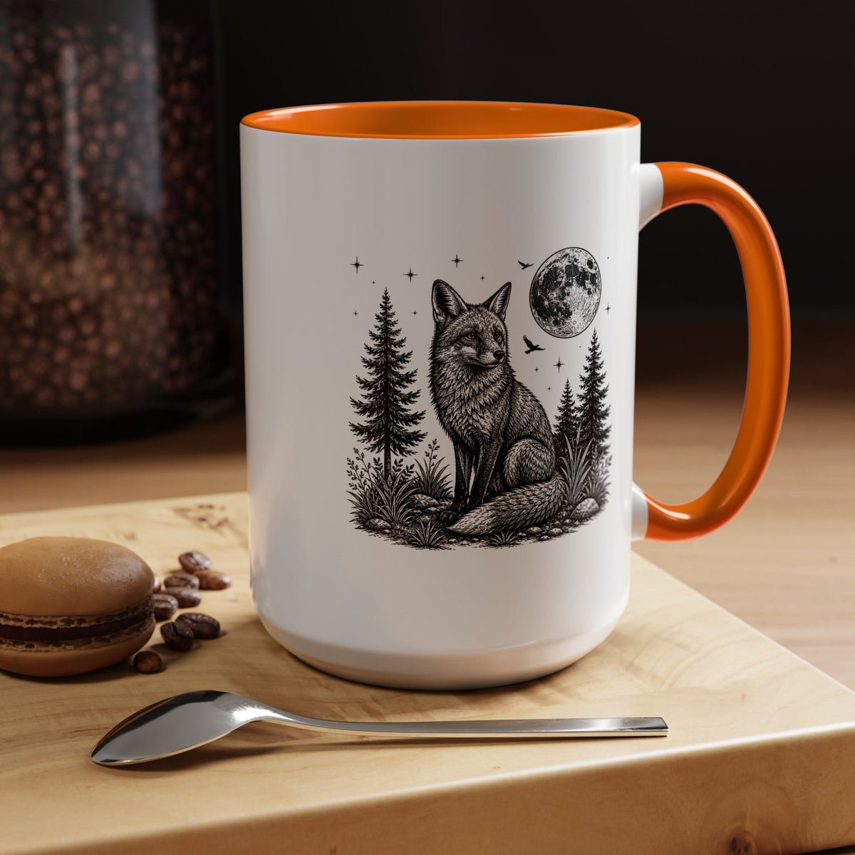 Fox Moon Mug, Black and White Woodland Coffee Cup, Celestial Forest Animal Gift for Fox Lover, Rustic Cabin Decor, Nature Birthday Present