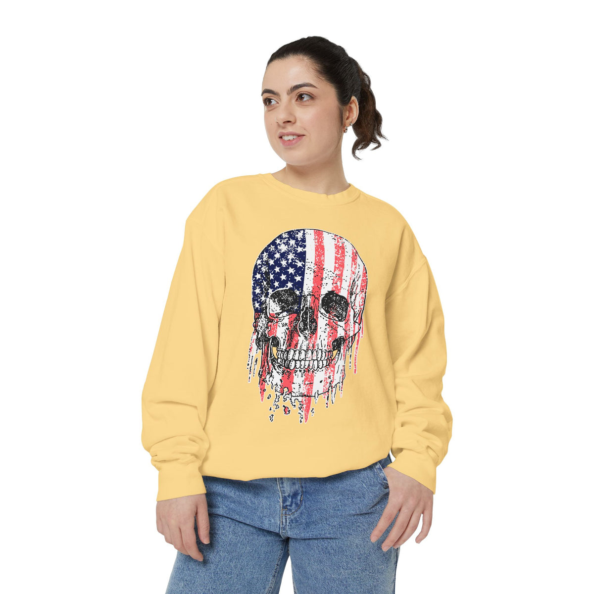 American Flag Skull Sweatshirt, Distressed Patriotic Graphic for Biker Outfits, Fourth of July Style, Birthday Gift for Skull Art Lovers