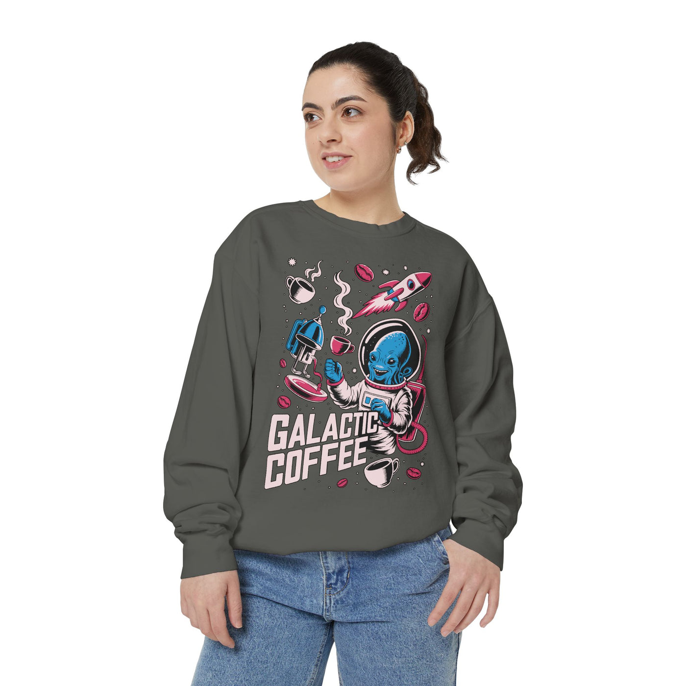 Galactic Coffee Comfort Colors Sweatshirt, Funny Alien Coffee Lover Shirt, Space Nerd Sweatshirt, Sci Fi Gift for Coffee Fans
