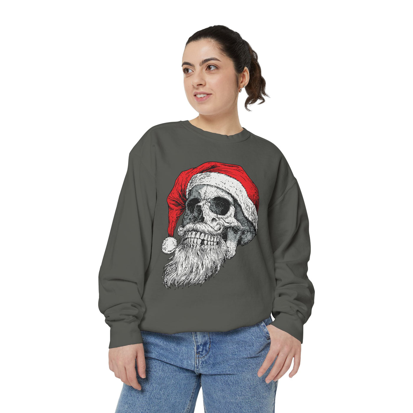 Skull Santa Sweatshirt, Gothic Christmas Crewneck, Creepy Holiday Skeleton Pullover, Alternative Xmas Gift for Metalhead or Horror Fan