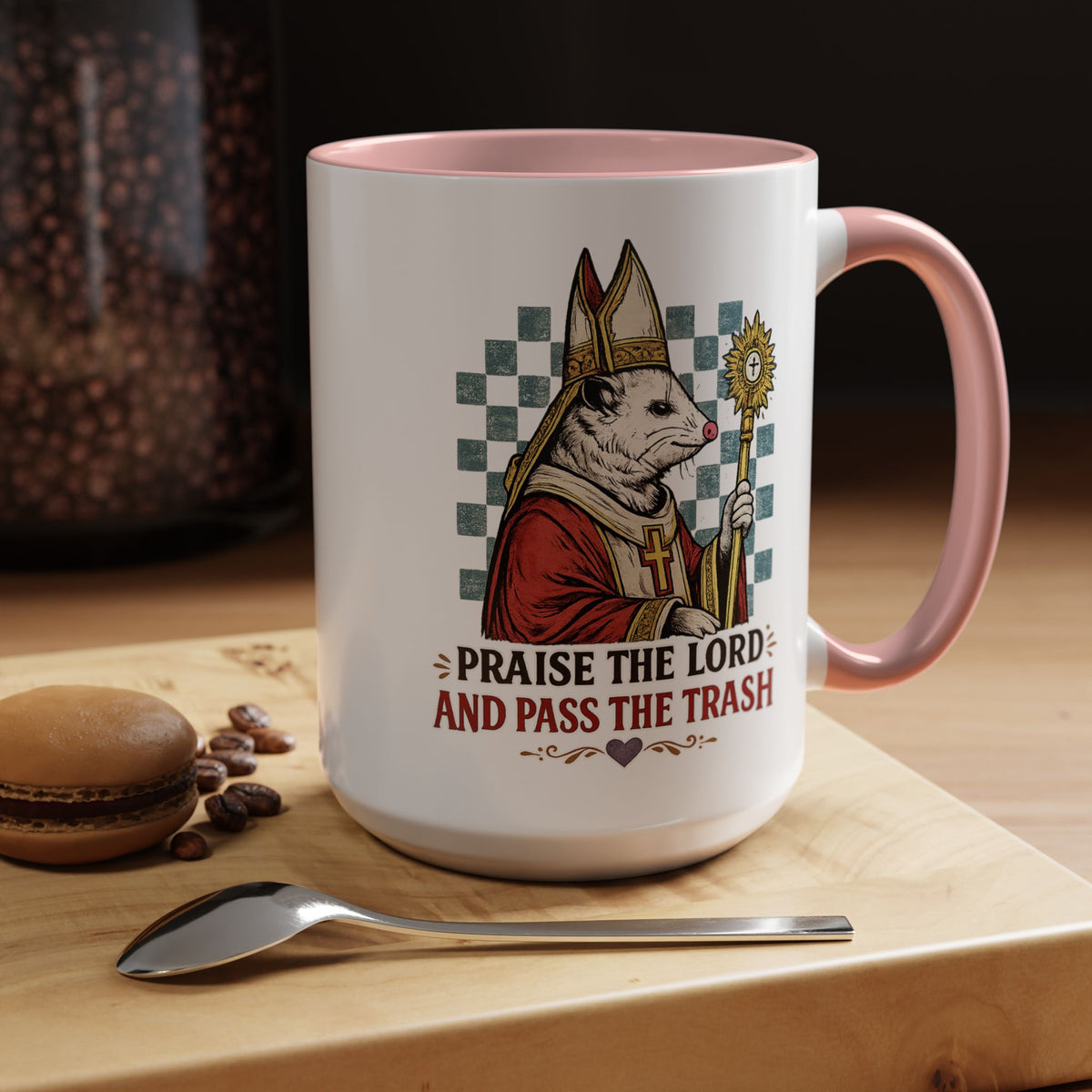 Praise the Lord and Pass the Trash Coffee Mug, Funny Opossum Pope Gift for Friends, Sarcastic Christian Possum Ceramic Tea Cup with Black Handle