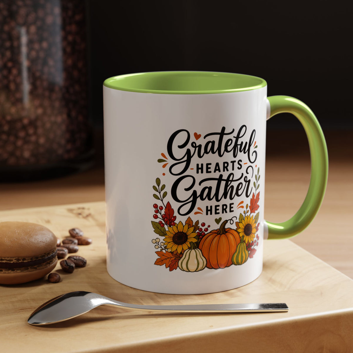 Grateful Hearts Gather Here Mug, Thanksgiving Pumpkin Coffee Cup, Rustic Fall Hostess Gift, Sunflower Harvest Kitchen Decor