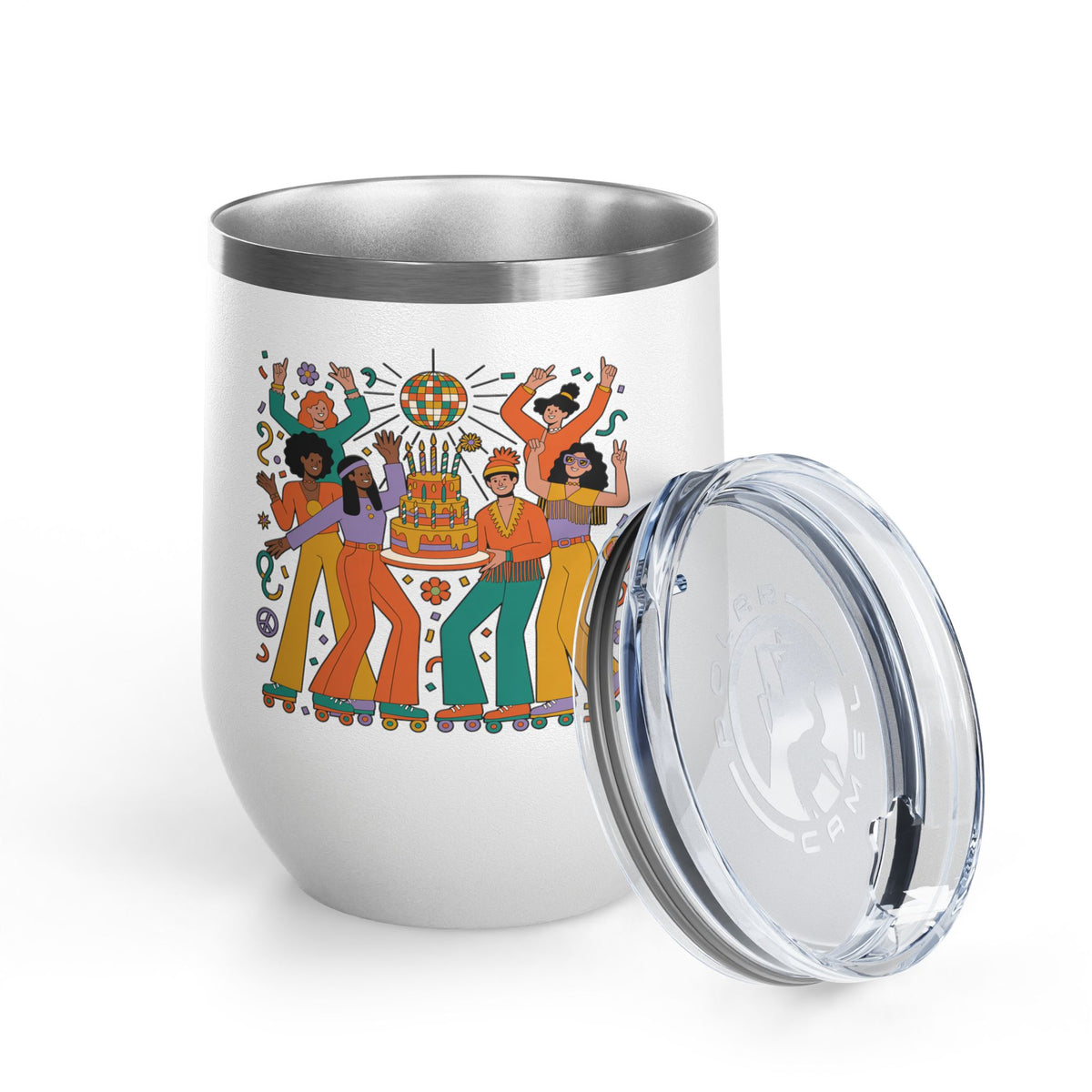 Retro Disco Birthday Wine Tumbler, 70s Roller Skating Party Design, Groovy Drinkware Gift for a Skater Friend Who Loves Vintage Aesthetics