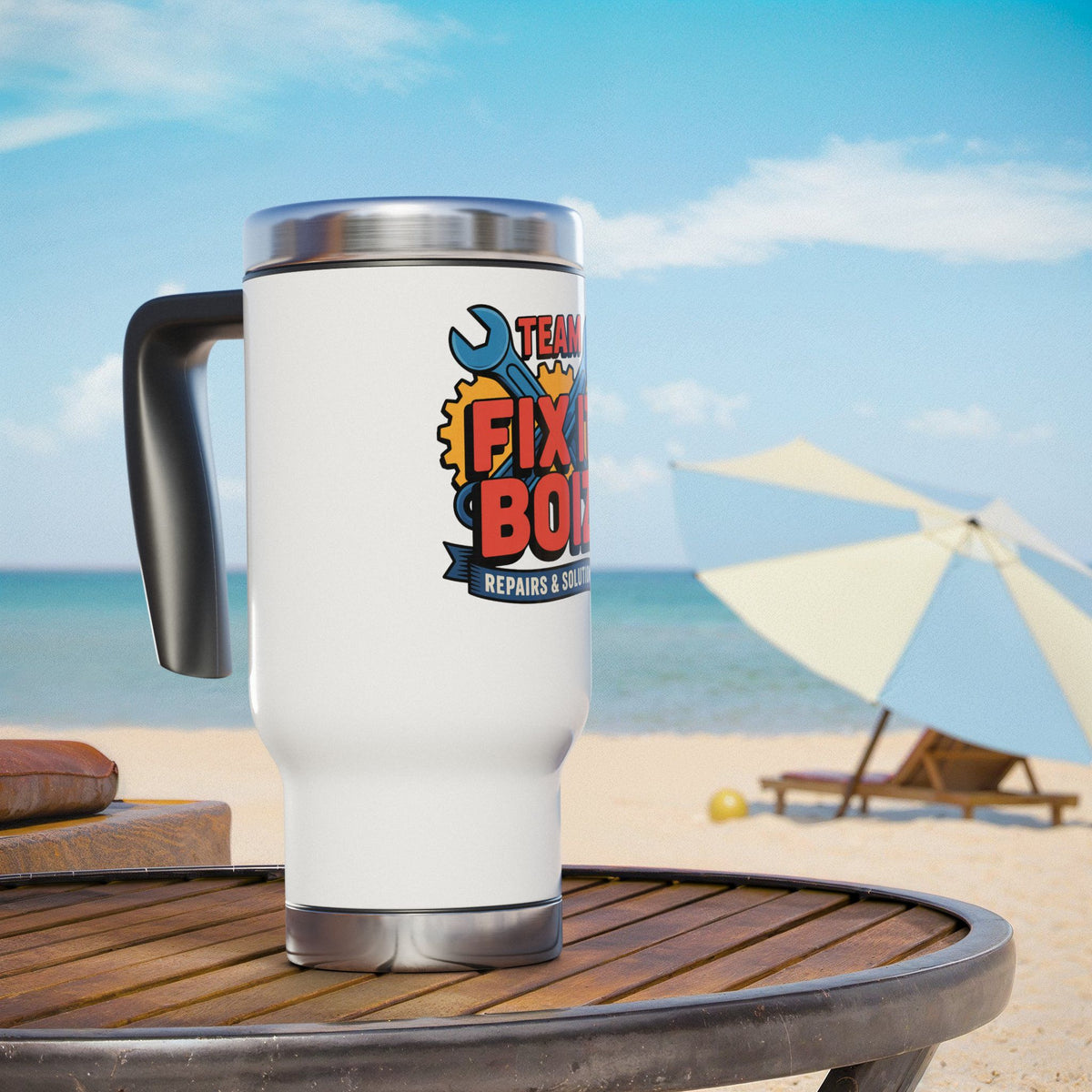 Mechanic Travel Mug with Handle, Team Fix It Boiz Wrench and Gear Design, Workshop Coffee Gift for a Handyman, Dad or Repair Crew Coworker