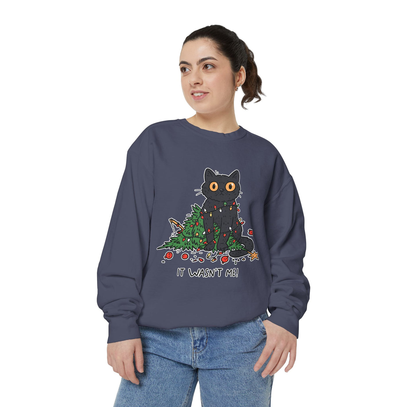 It Wasn't Me Black Cat Christmas Sweatshirt, Funny Holiday Crewneck, Mischievous Kitty Lights Pullover, Gift for Cat Mom or Cat Dad