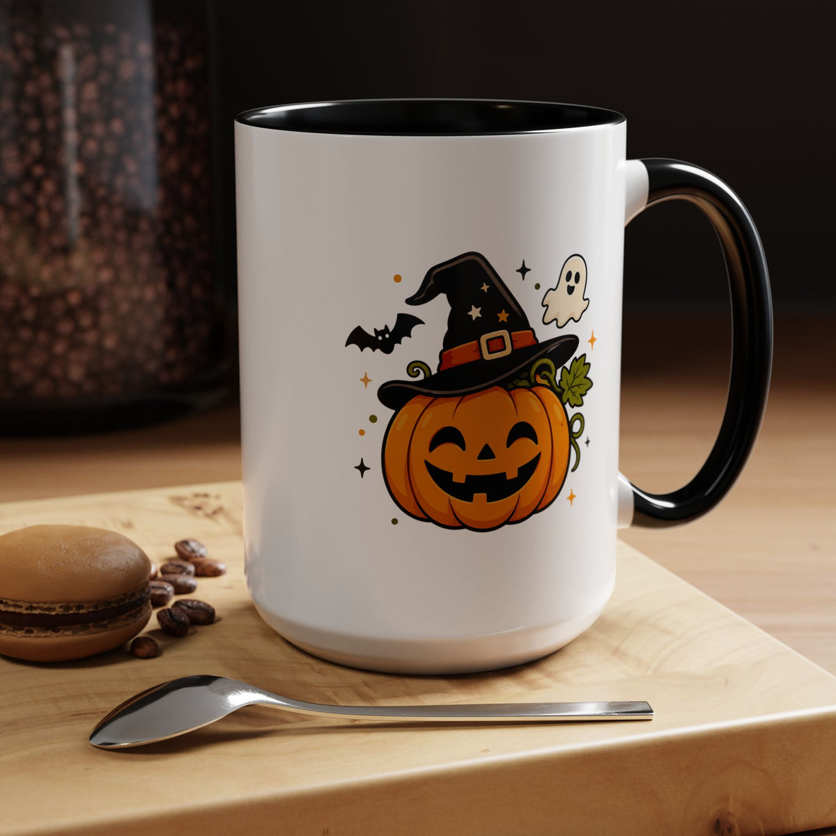 Cute Pumpkin Halloween Mug, Smiling Jack O Lantern Black Accent Coffee Cup, Cute Friendly Ghost Gift for Kids, Teachers or Fall Lovers