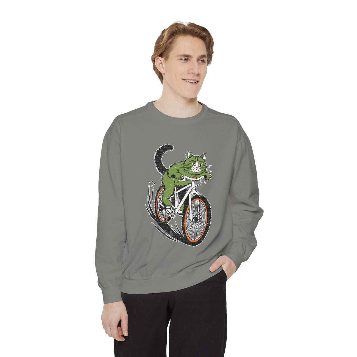Mountain Bike Cat Sweatshirt, Funny Cycling Kitty Crewneck, Cat Lover Gift, Outdoor Adventure Graphic Cozy Biker Pullover Shirt Top