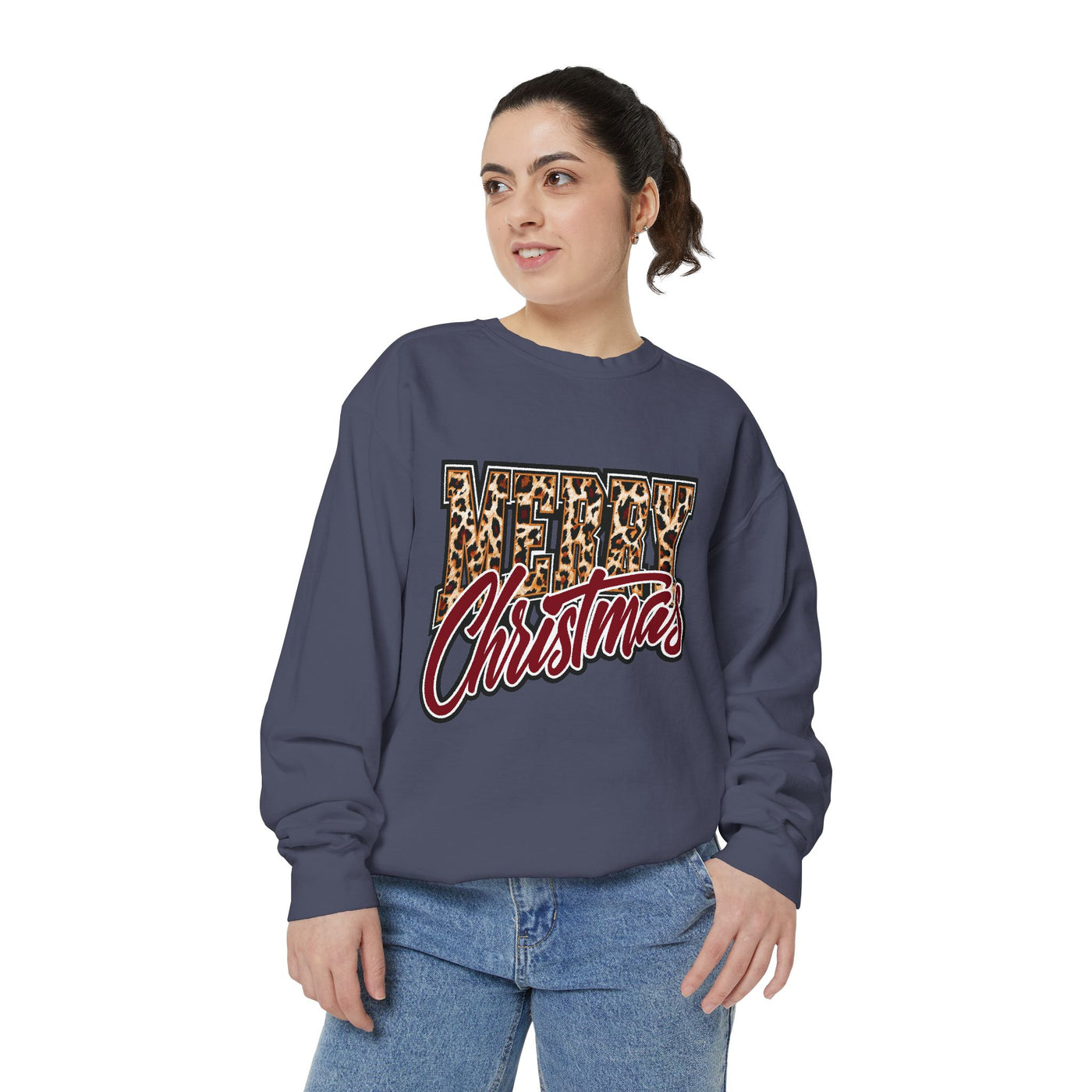 Merry Christmas Leopard Print Sweatshirt, Trendy Holiday Crewneck, Cheetah Lettering Pullover, Festive Gift for Women, Mom or Teacher