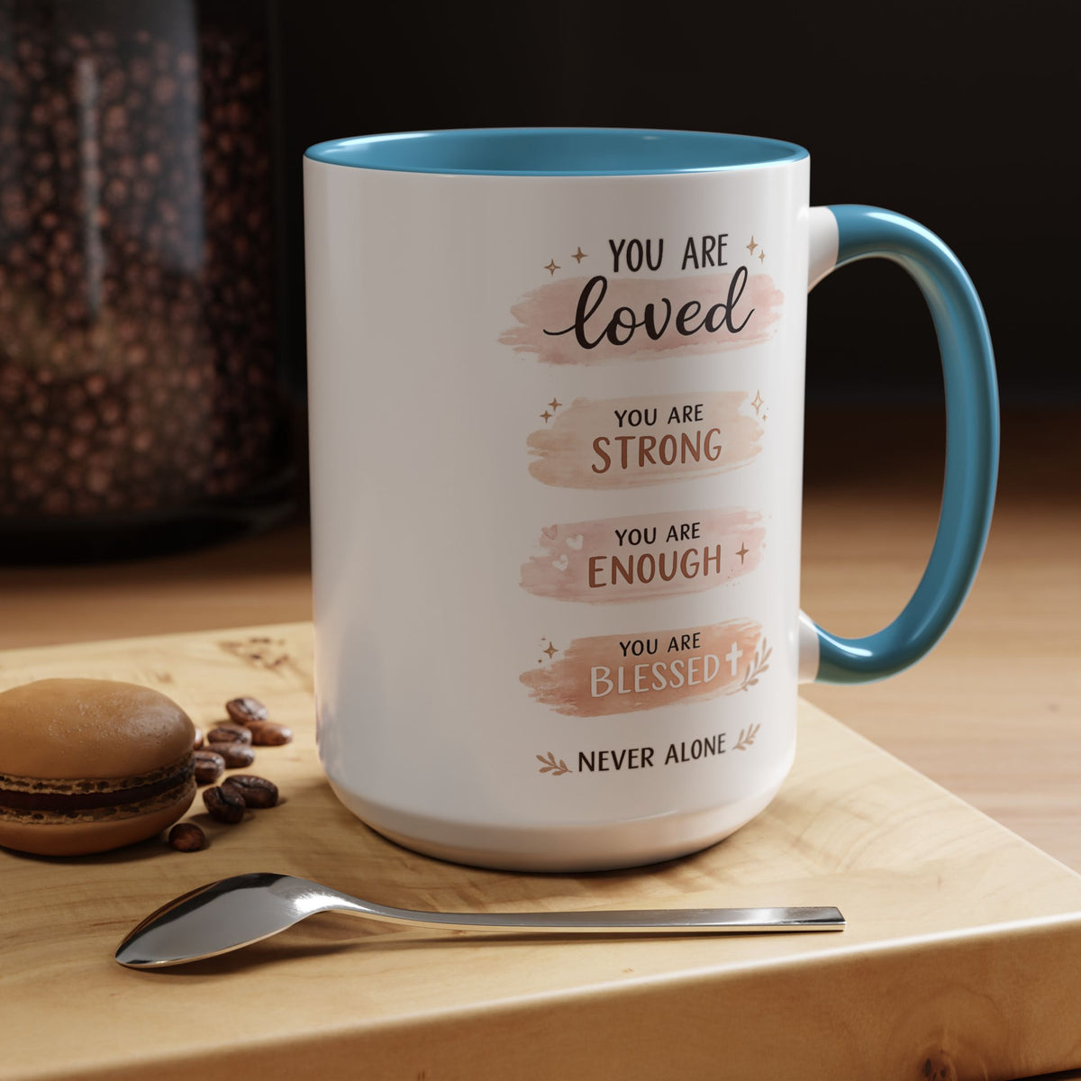 You Are Loved Strong Enough Blessed Coffee Mug, Encouraging Mental Health Gift for Friends, Cute Inspirational Daily Affirmations Tea Cup with Pink Handle