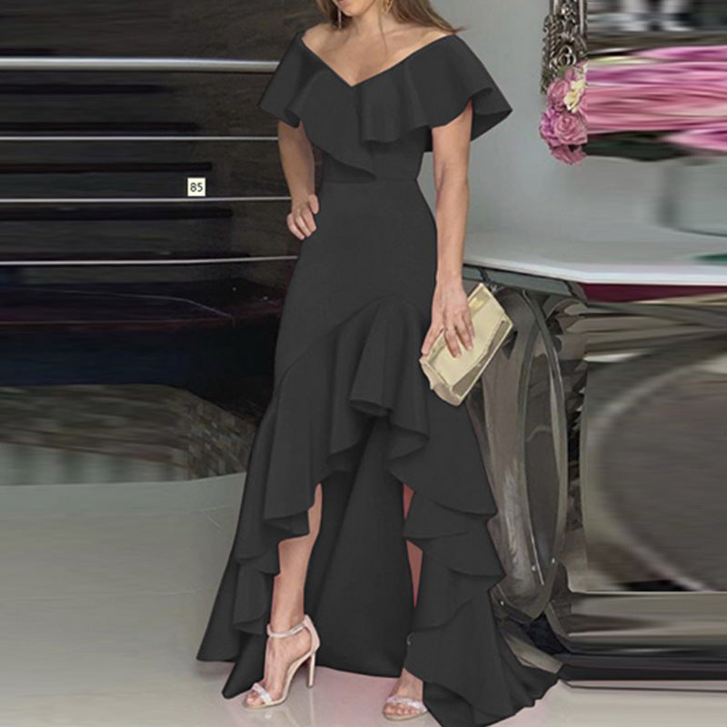 Temperament Ladies V-Neck Ruffle Irregular Elegant Dress
