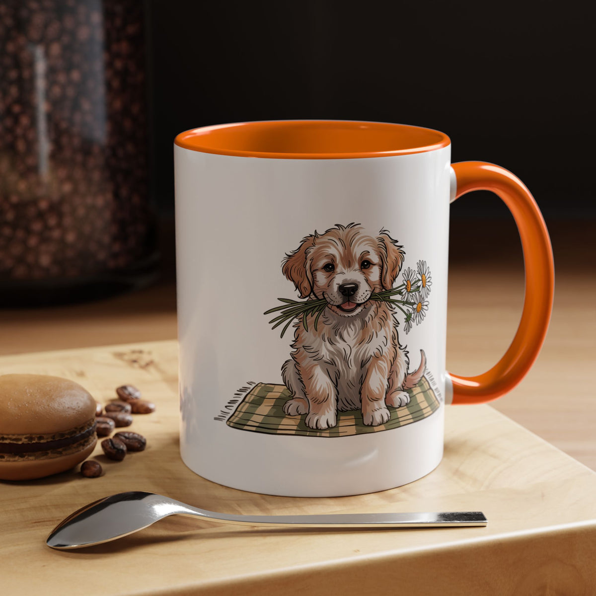 Cute Puppy Coffee Mug, Fluffy Dog Holding Daisies on a Gingham Blanket, Birthday Gift for a Dog Mom or Animal Lover Who Enjoys Cottage Style