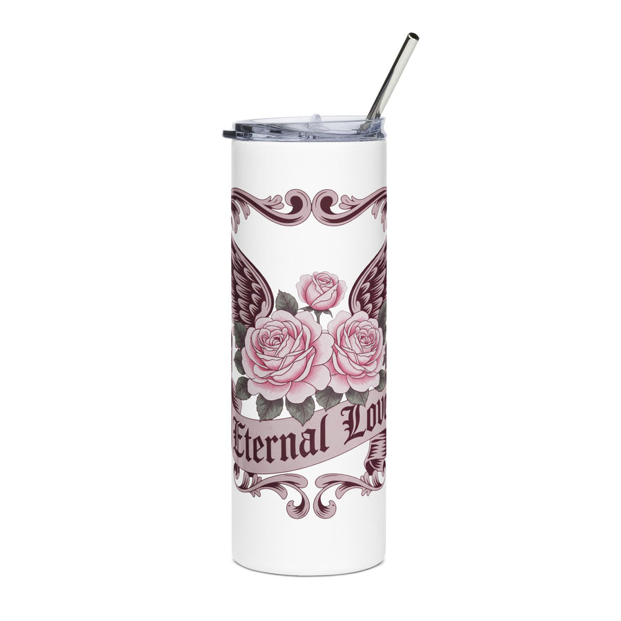 A white stainless steel skinny tumbler with a clear lid and metal straw, printed with pink roses in front of dark burgundy wings, framed by ornate vintage scrollwork, above a banner reading "Eternal Love".