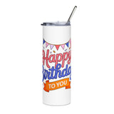 Happy Birthday to You Skinny Tumbler, Pink and Blue Balloons with Party Bunting, Colorful Drinkware Gift for a Sister or Best Friend's Day