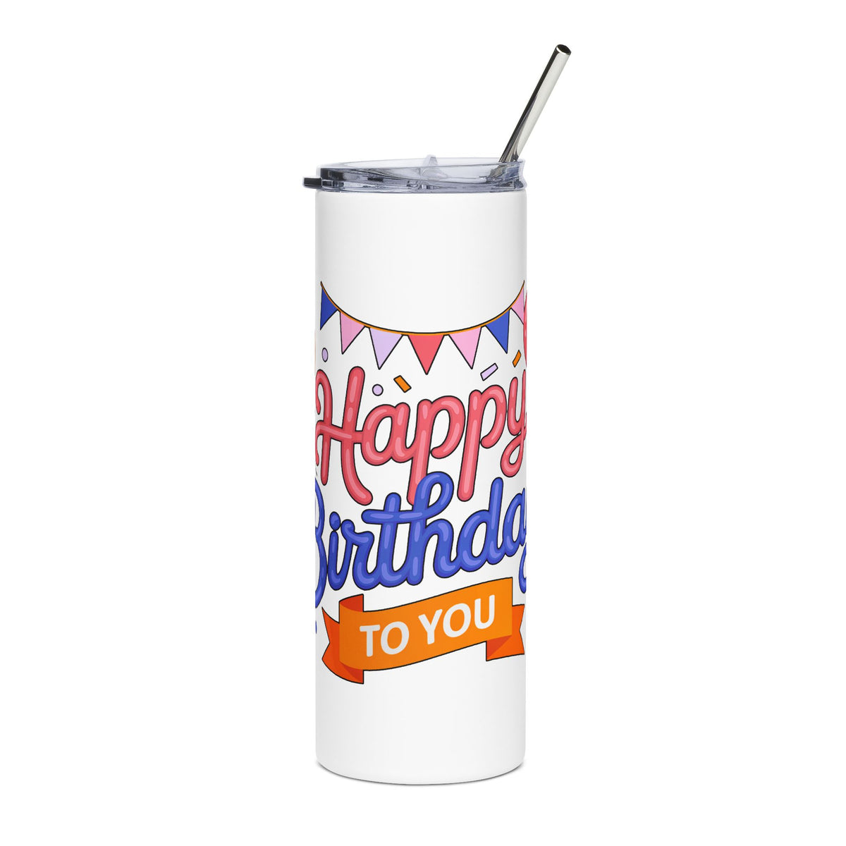 Happy Birthday to You Skinny Tumbler, Pink and Blue Balloons with Party Bunting, Colorful Drinkware Gift for a Sister or Best Friend's Day