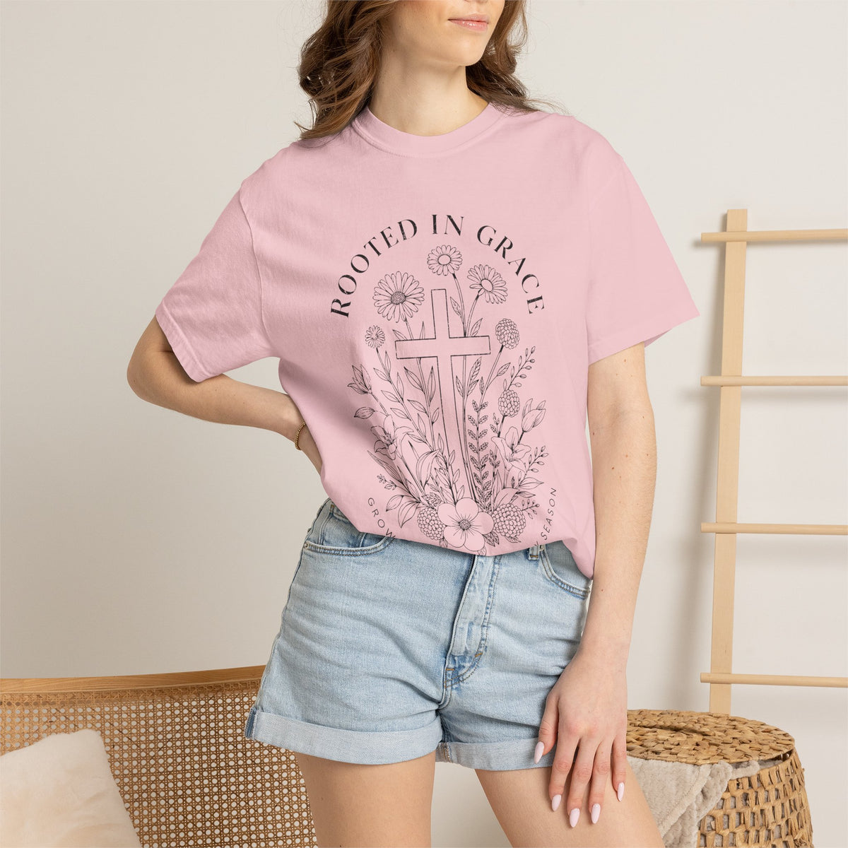 Comfort Colors Rooted in Grace Shirt, Christian Floral Cross Tee, Faith Based Graphic Shirt, Religious Gift for Women, Bible Verse Tee