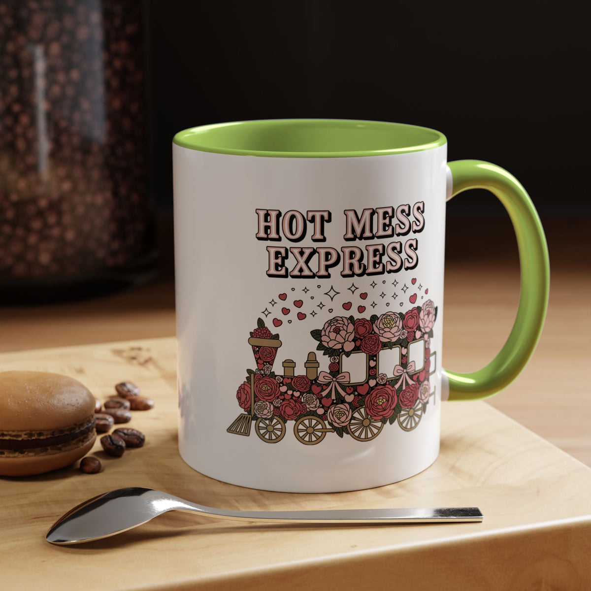 Hot Mess Express Coffee Mug, Pink Floral Train with Bows and Hearts, Funny Birthday Gift for a Busy Mom or Best Friend's Daily Coffee Break