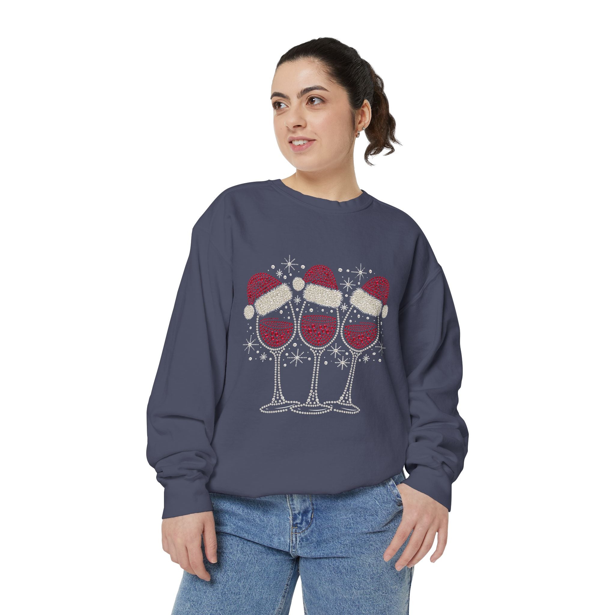 Christmas Wine Glass Sweatshirt, Rhinestone Style Santa Hat Crewneck, Sparkly Holiday Party Pullover, Wine Lover Gift for Girls Night