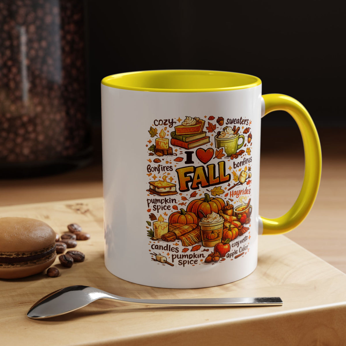 I Love Fall Coffee Mug, Cozy Autumn Pumpkin Spice Cup, Gift for Fall Lover, Book Reader, Teacher or Mom, Thanksgiving Kitchen Decor