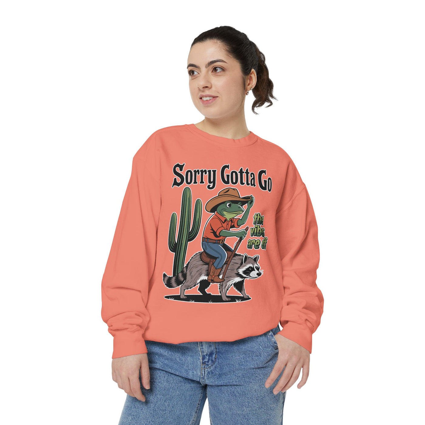 Funny Frog Cowboy Comfort Sweatshirt, Sorry Gotta Go The Vibes Are Off Crewneck, Raccoon Western Meme Comfort Sweatshirt