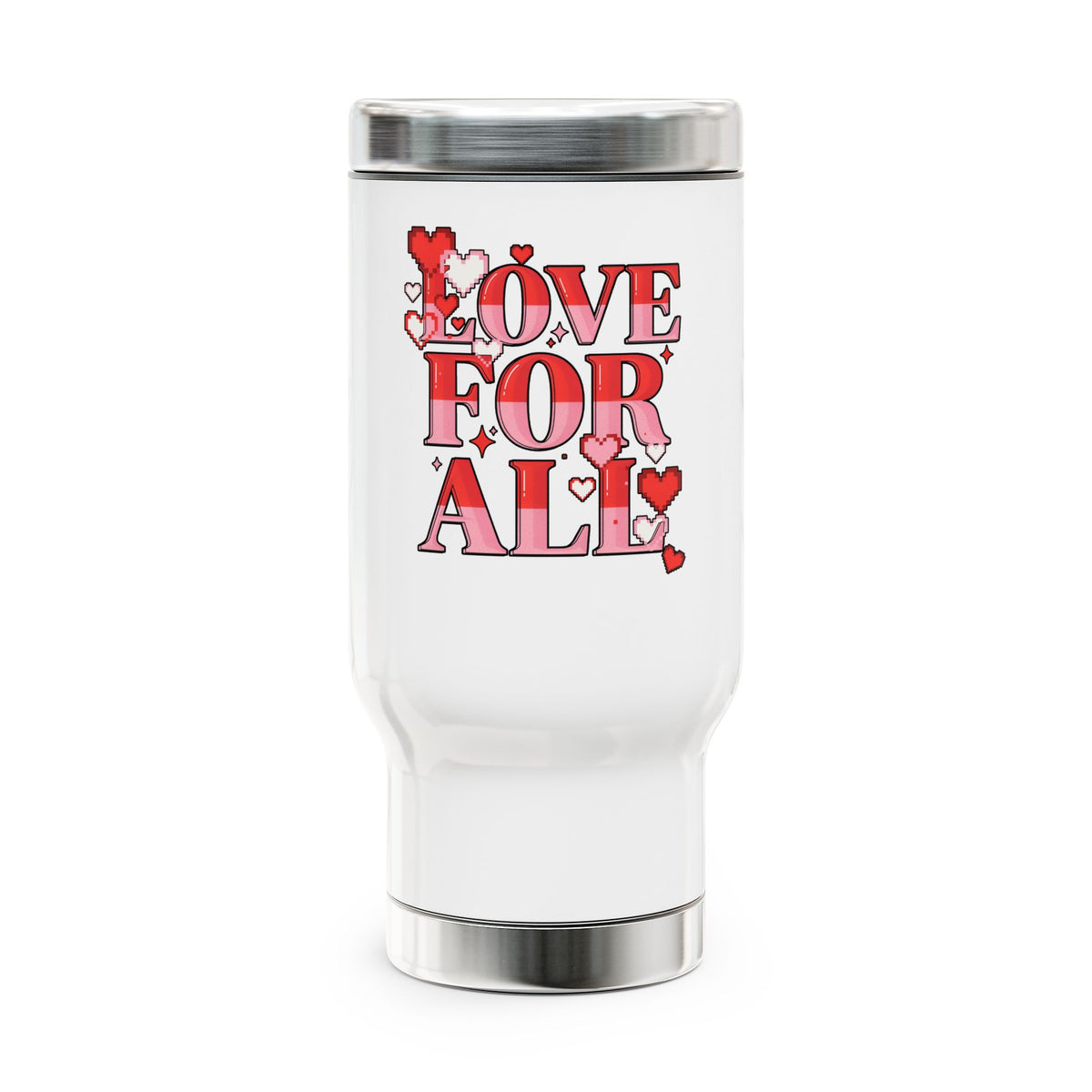 Stainless Steel Travel Mug, Love for All Pixel Heart Cup, Romantic Gift for Her, Cute Valentine Drinkware, Everyday Coffee Mug