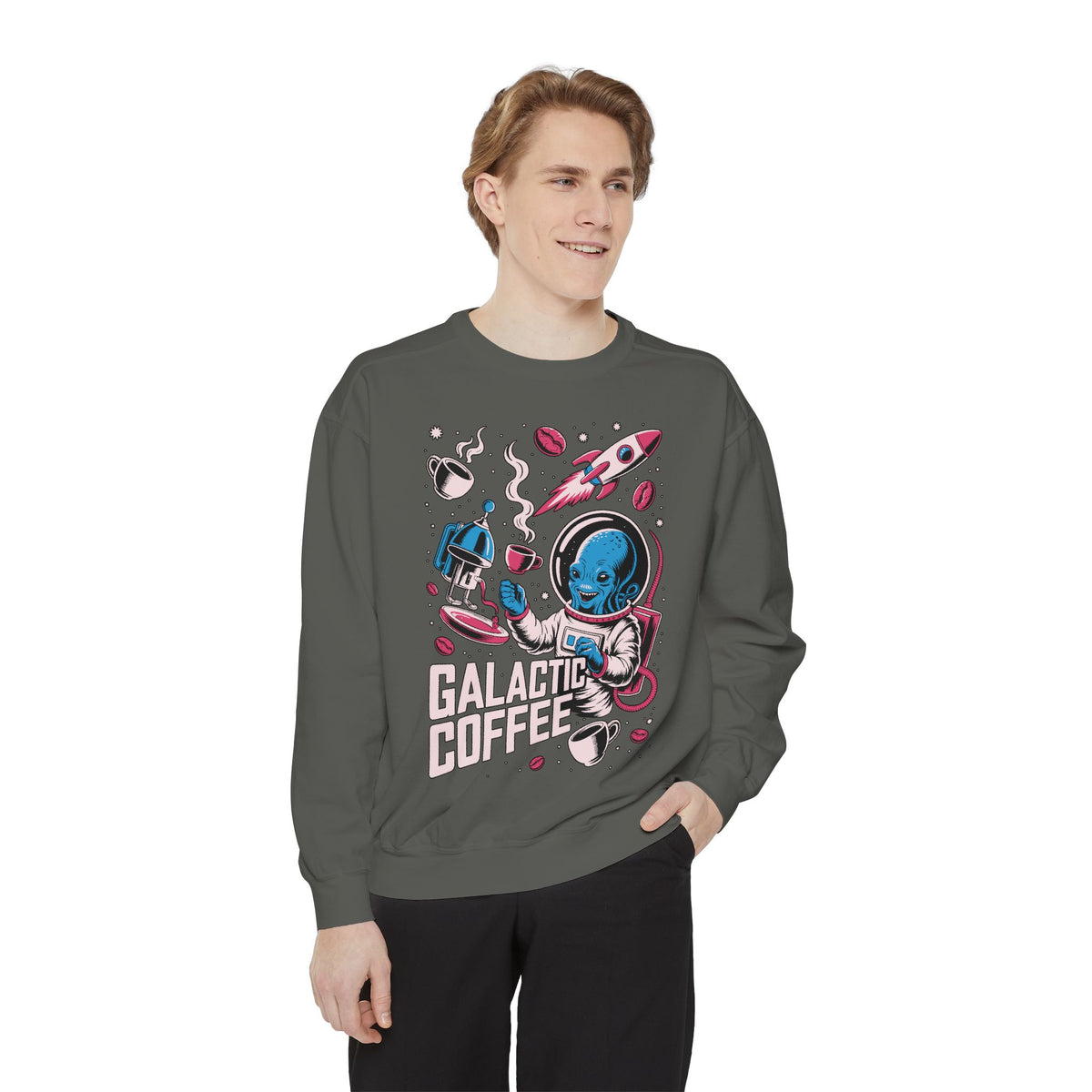 Galactic Coffee Comfort Colors Sweatshirt, Funny Alien Coffee Lover Shirt, Space Nerd Sweatshirt, Sci Fi Gift for Coffee Fans