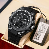 OLIKA black analog-digital sports watch in a gift box, dual display dial with black silicone strap