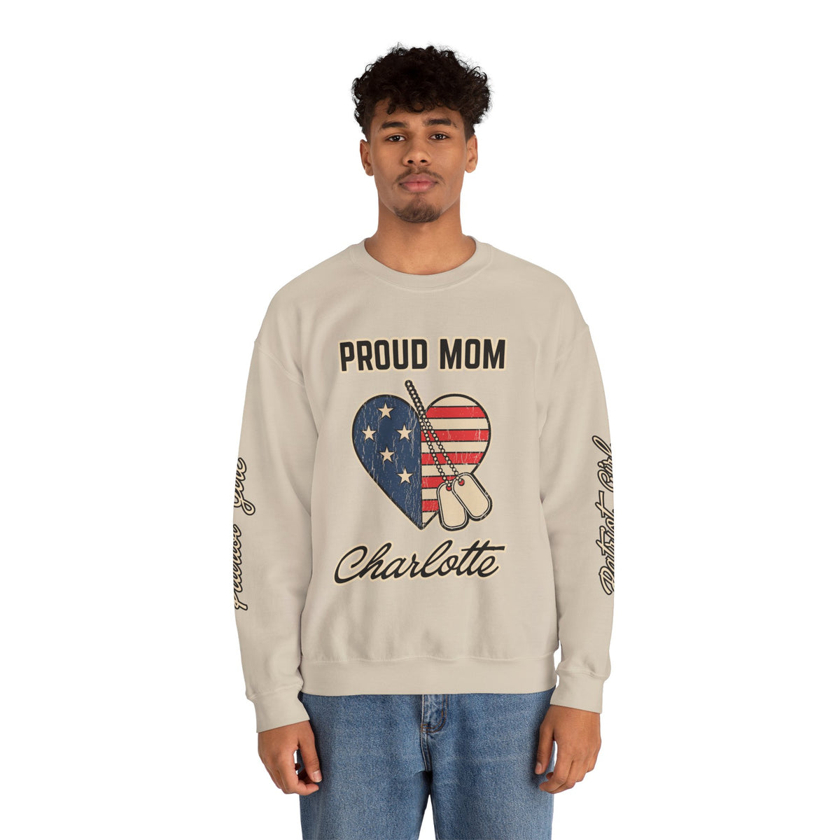 Personalized Proud Mom Sweatshirt, Custom Military Mom Pullover, American Flag Heart Crewneck, Military Mom Gift, Patriotic Mother Shirt
