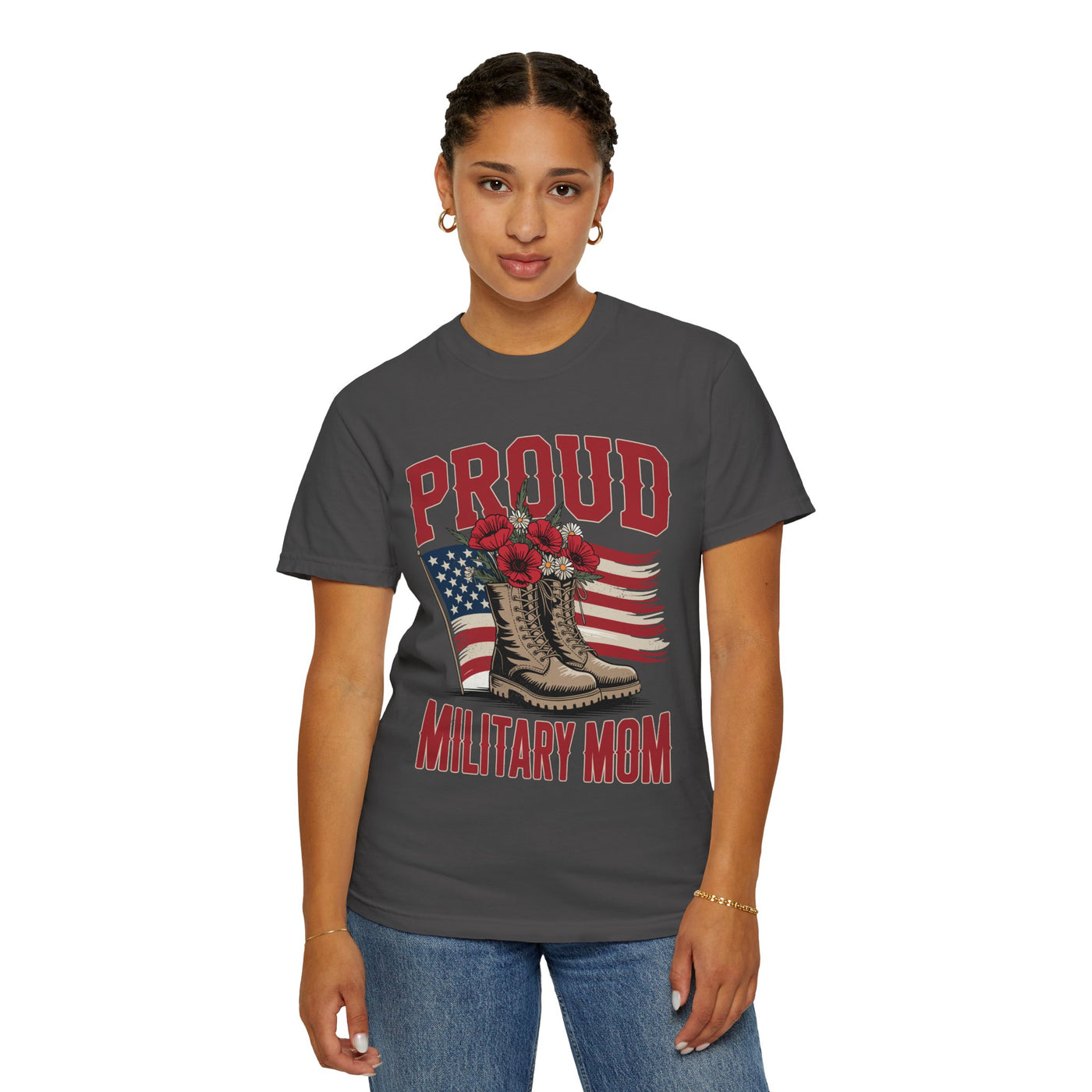 Proud Military Mom Shirt, Patriotic Army Mom T Shirt, Boots and Flowers Graphic Tee, American Flag Family Support Gift