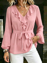 Elegant Women's V-Neck Ruffle Blouse with Tie Waist, Lantern Sleeves Long Sleeve Top