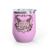 Eternal Love Wine Tumbler, Gothic Rose and Angel Wings Design, Romantic Anniversary Gift for Her, Vintage Tattoo Style Drinkware