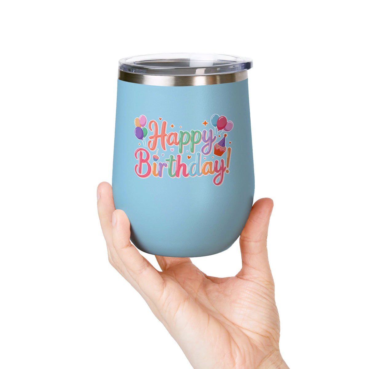 Happy Birthday Wine Tumbler, Pastel Balloons and Cupcake Design, Colorful Drinkware Gift for a Best Friend, Sister or Coworker Celebration