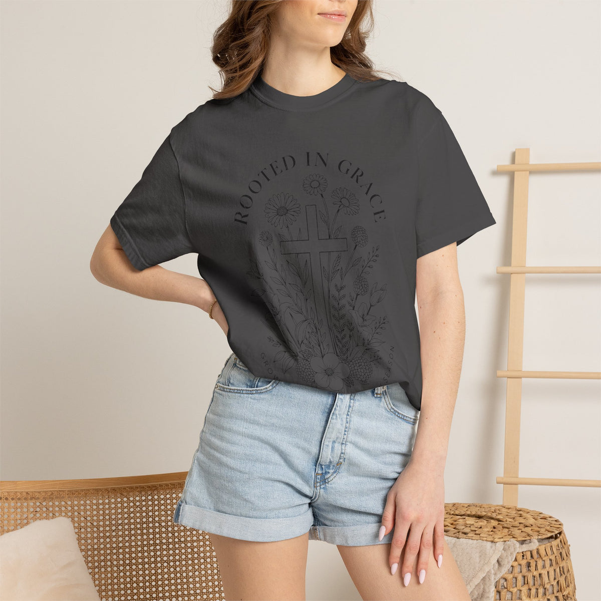 Comfort Colors Rooted in Grace Shirt, Christian Floral Cross Tee, Faith Based Graphic Shirt, Religious Gift for Women, Bible Verse Tee