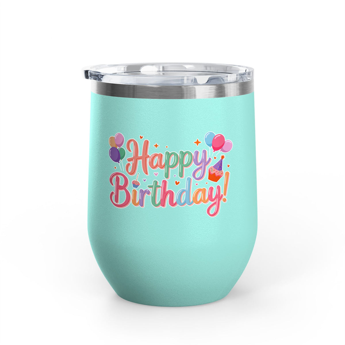 Happy Birthday Wine Tumbler, Pastel Balloons and Cupcake Design, Colorful Drinkware Gift for a Best Friend, Sister or Coworker Celebration