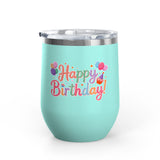 Happy Birthday Wine Tumbler, Pastel Balloons and Cupcake Design, Colorful Drinkware Gift for a Best Friend, Sister or Coworker Celebration