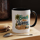 Beach More Worry Less Coffee Mug, Summer Vacation Gift for Ocean Lovers, Cute Tropical Palm Tree Ceramic Tea Cup with Dark Blue Handle