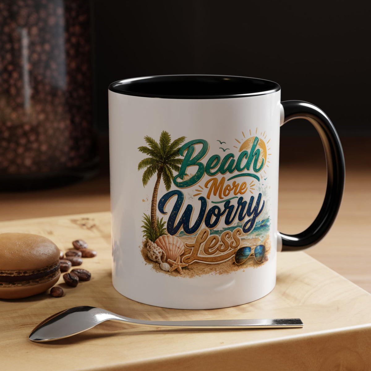Beach More Worry Less Coffee Mug, Summer Vacation Gift for Ocean Lovers, Cute Tropical Palm Tree Ceramic Tea Cup with Dark Blue Handle