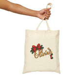 Personalized Christmas Tote Bag, Custom Name Cotton Canvas 15x16, Red Bow Evergreen, Holiday Monogram Shopper