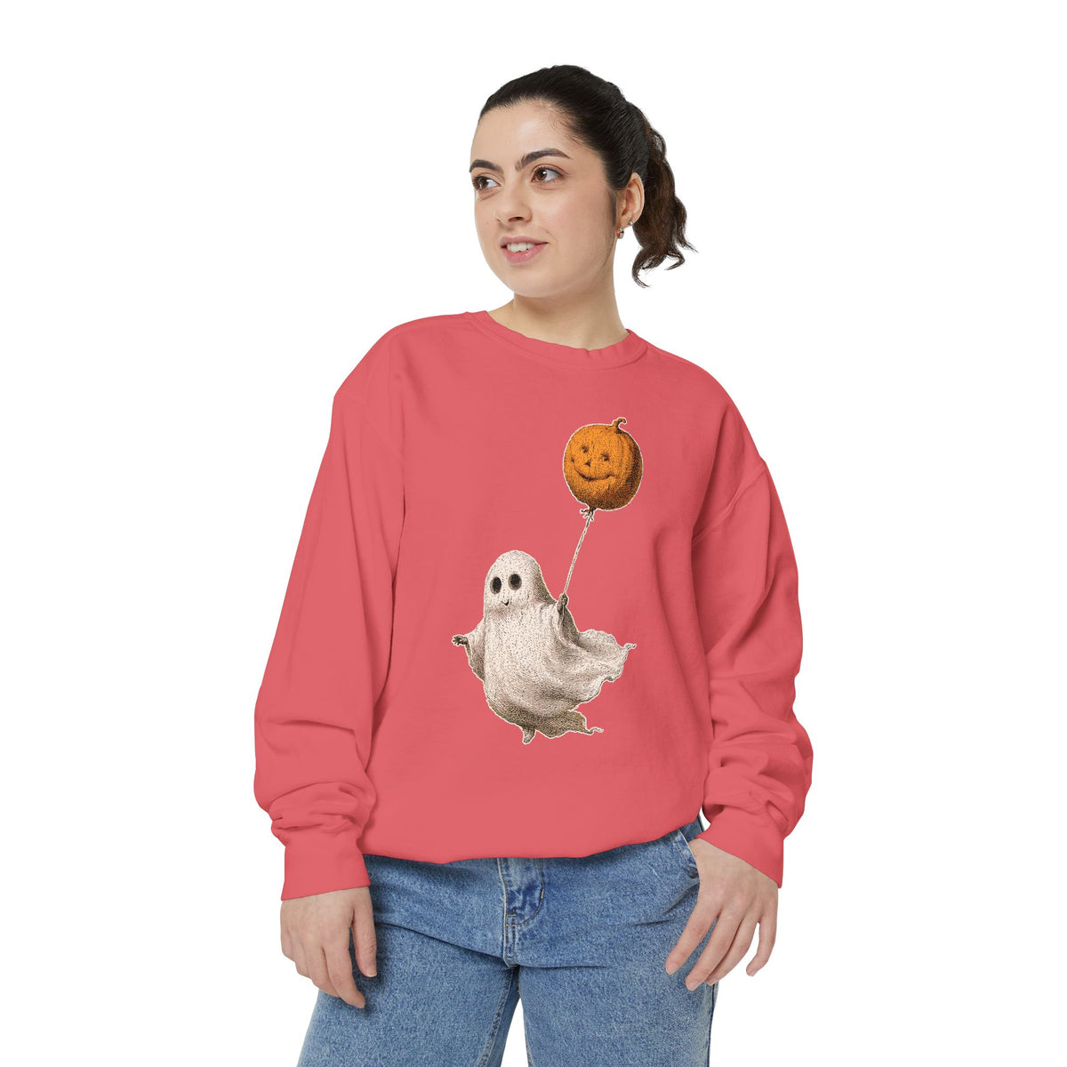Cute Ghost Halloween Sweatshirt, Pumpkin Balloon Pullover, Vintage Spooky Season Gift for Women, Cozy October Fall Outfit for Ghost Loversv
