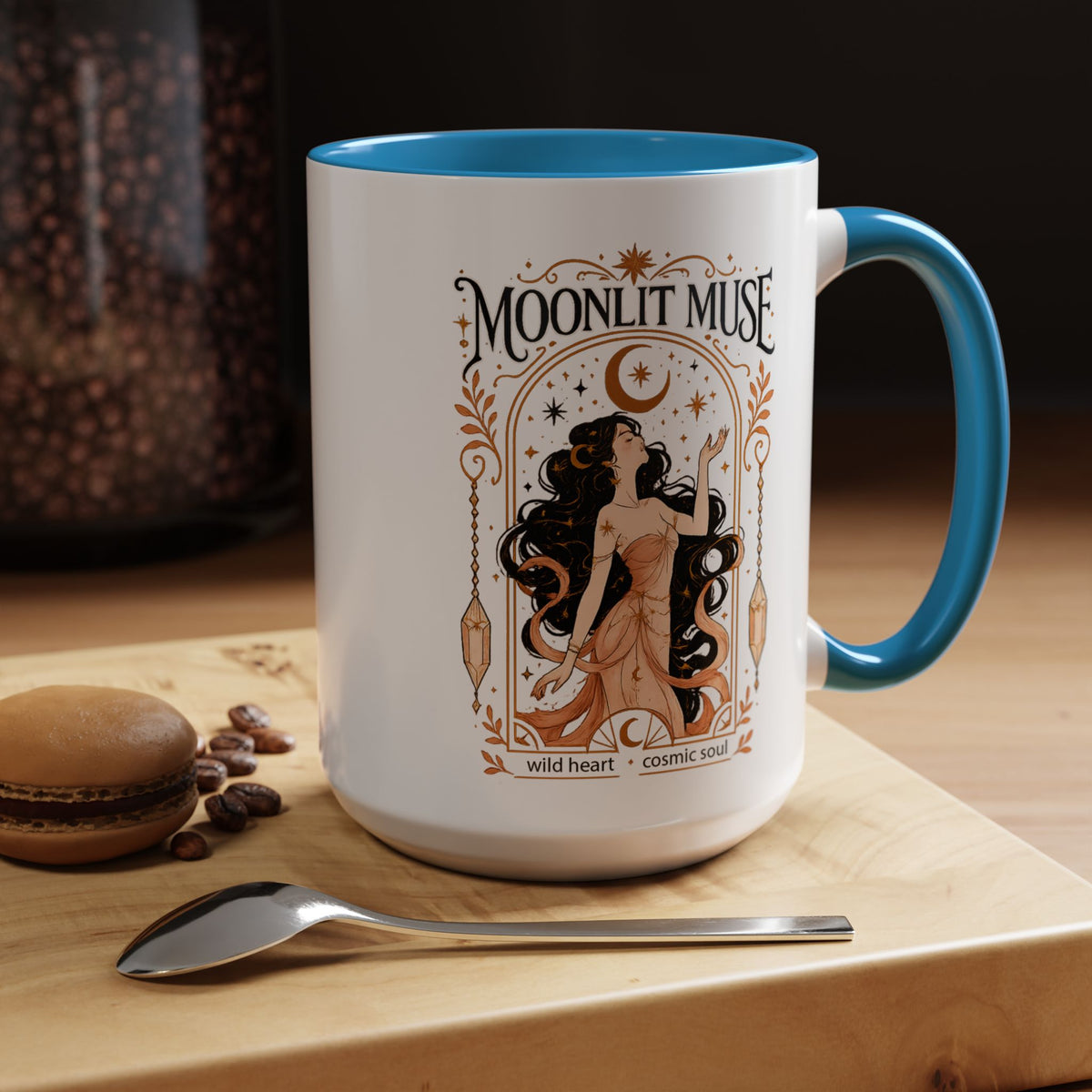 Moonlit Muse Coffee Mug, Celestial Goddess Art Mug, Mystic Moon Aesthetic Cup, Boho Spiritual Gift for Women, Cosmic Soul Coffee Mug