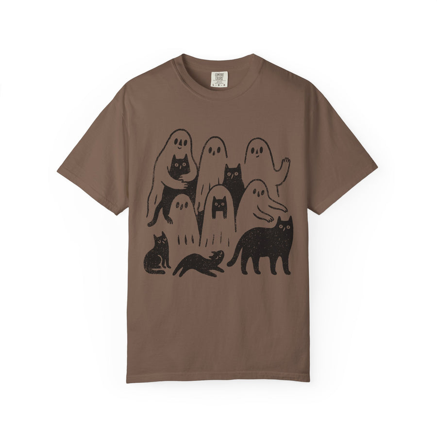 Ghost Cat Halloween Shirt, Cute Spooky Cats and Ghosts Graphic Tee, Cozy Pet Lover Gift, Minimal Black and White Fall Outfit for Women