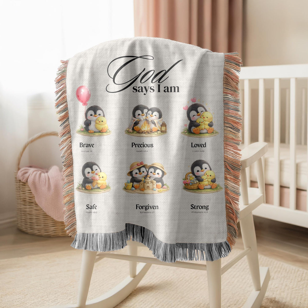 Penguin Bible Verse Kids Woven Blanket Christian Nursery Blanket Faith Baby Blanket Baptism Gift Baby Shower Gift Nursery Decor