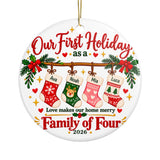 Personalized Family of Four Christmas Ornament, Our First Holiday with Custom Names on Stockings, Keepsake Gift for Parents and New Families