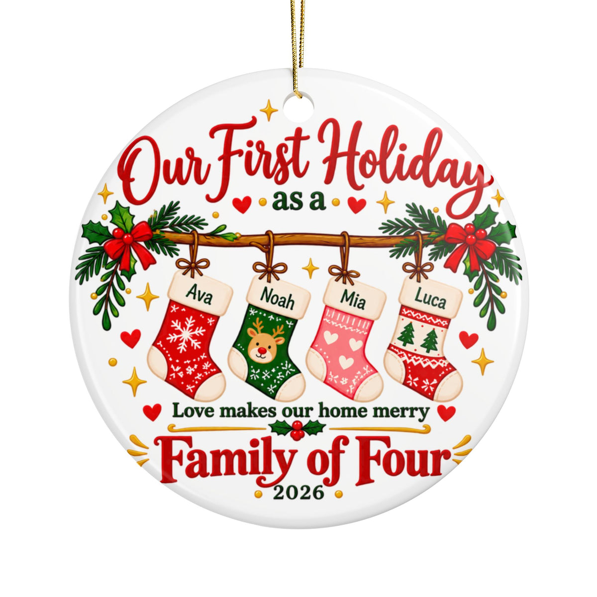 Personalized Family of Four Christmas Ornament, Our First Holiday with Custom Names on Stockings, Keepsake Gift for Parents and New Families