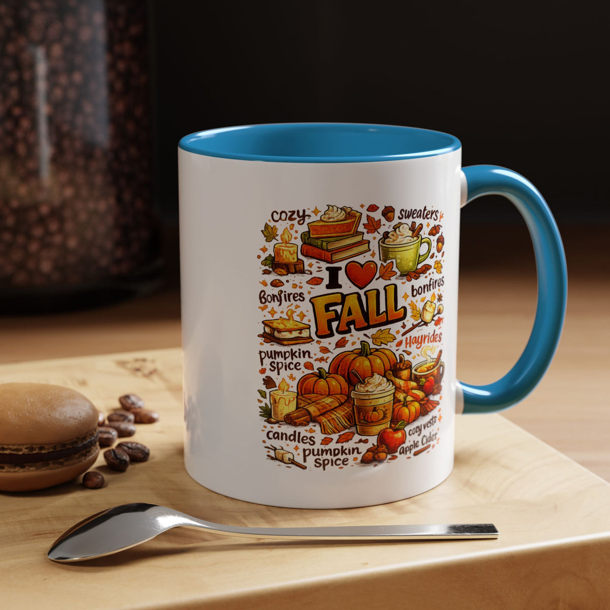 I Love Fall Coffee Mug, Cozy Autumn Pumpkin Spice Cup, Gift for Fall Lover, Book Reader, Teacher or Mom, Thanksgiving Kitchen Decor